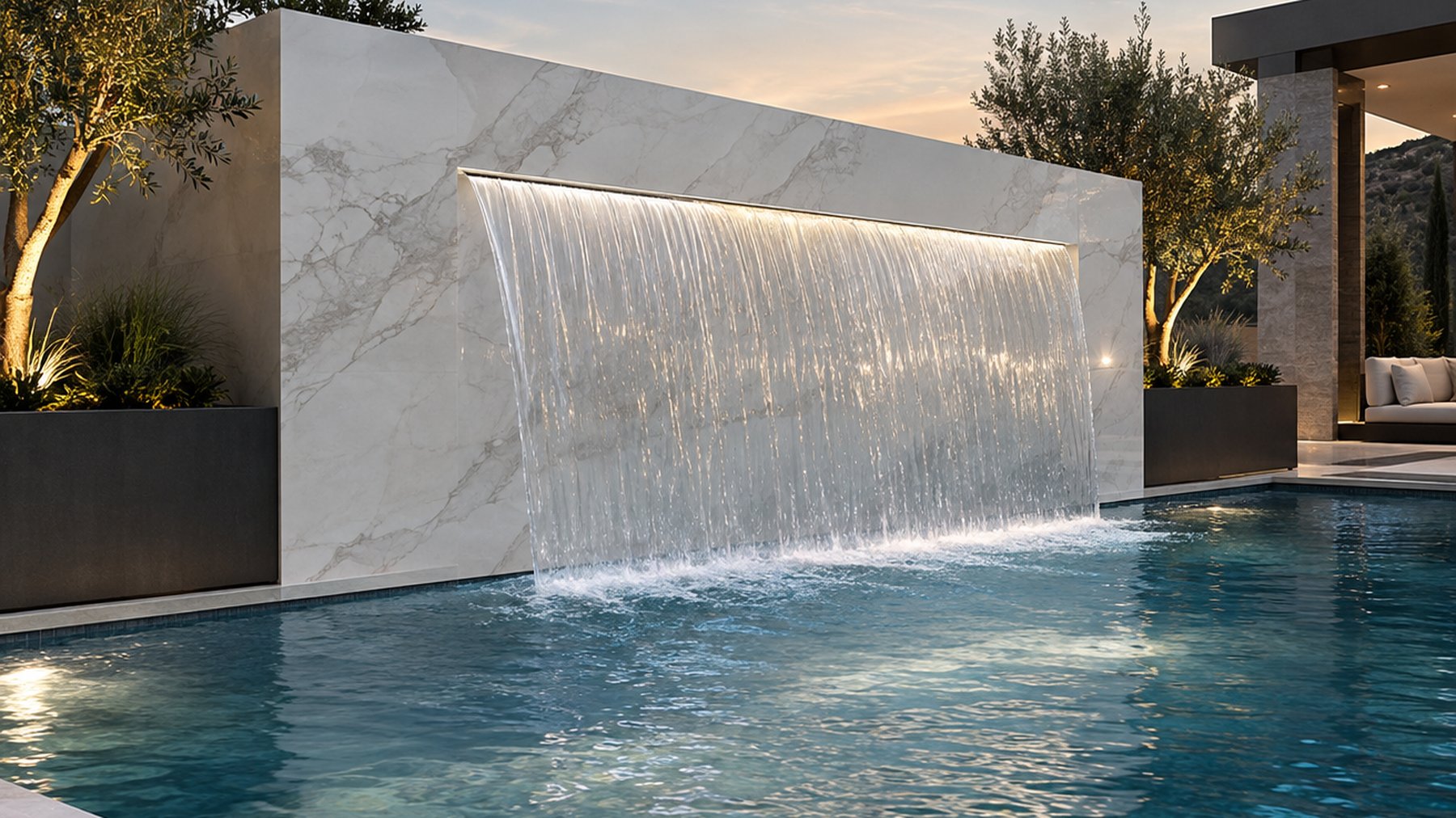 Large format porcelain water feature wall beside a pool