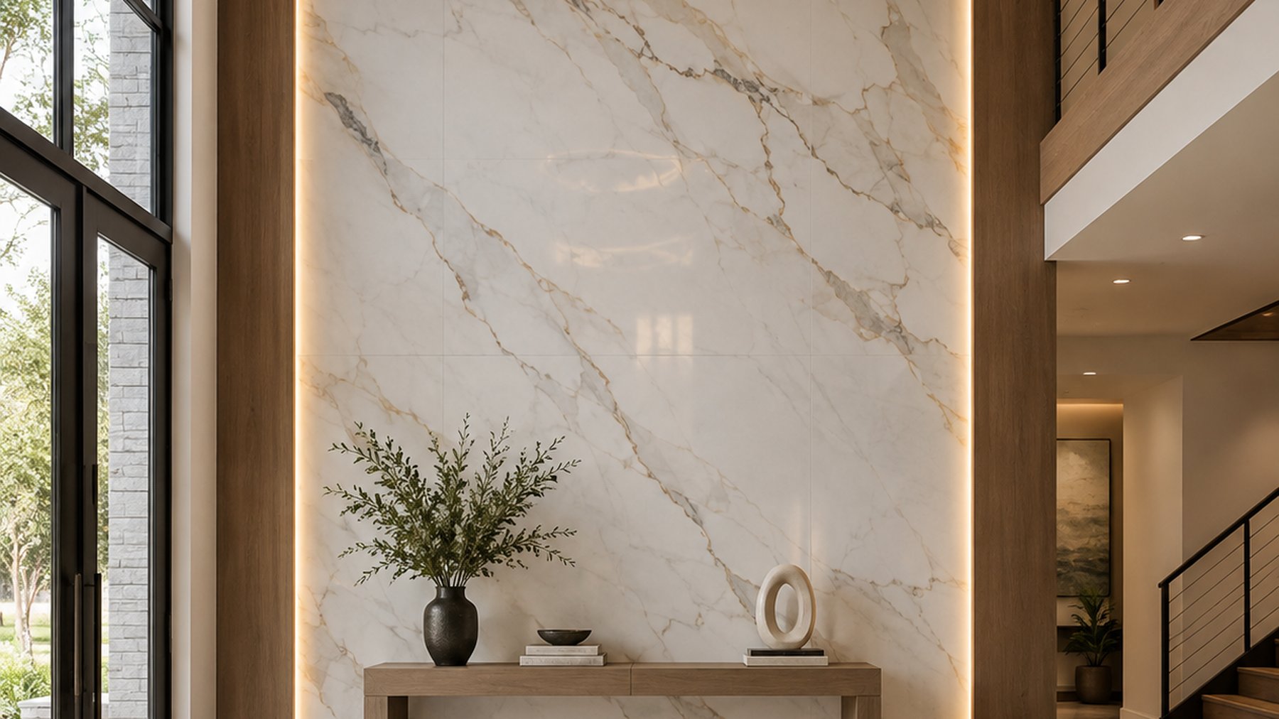 Full-height large format porcelain cladding in a double-height entry