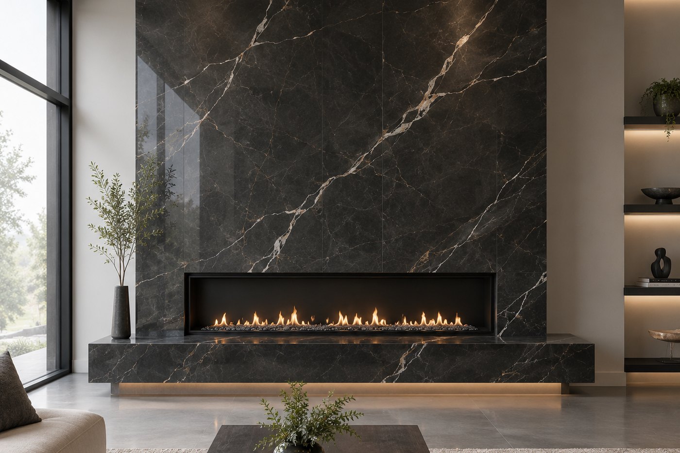 Floor to ceiling large format porcelain fireplace surround