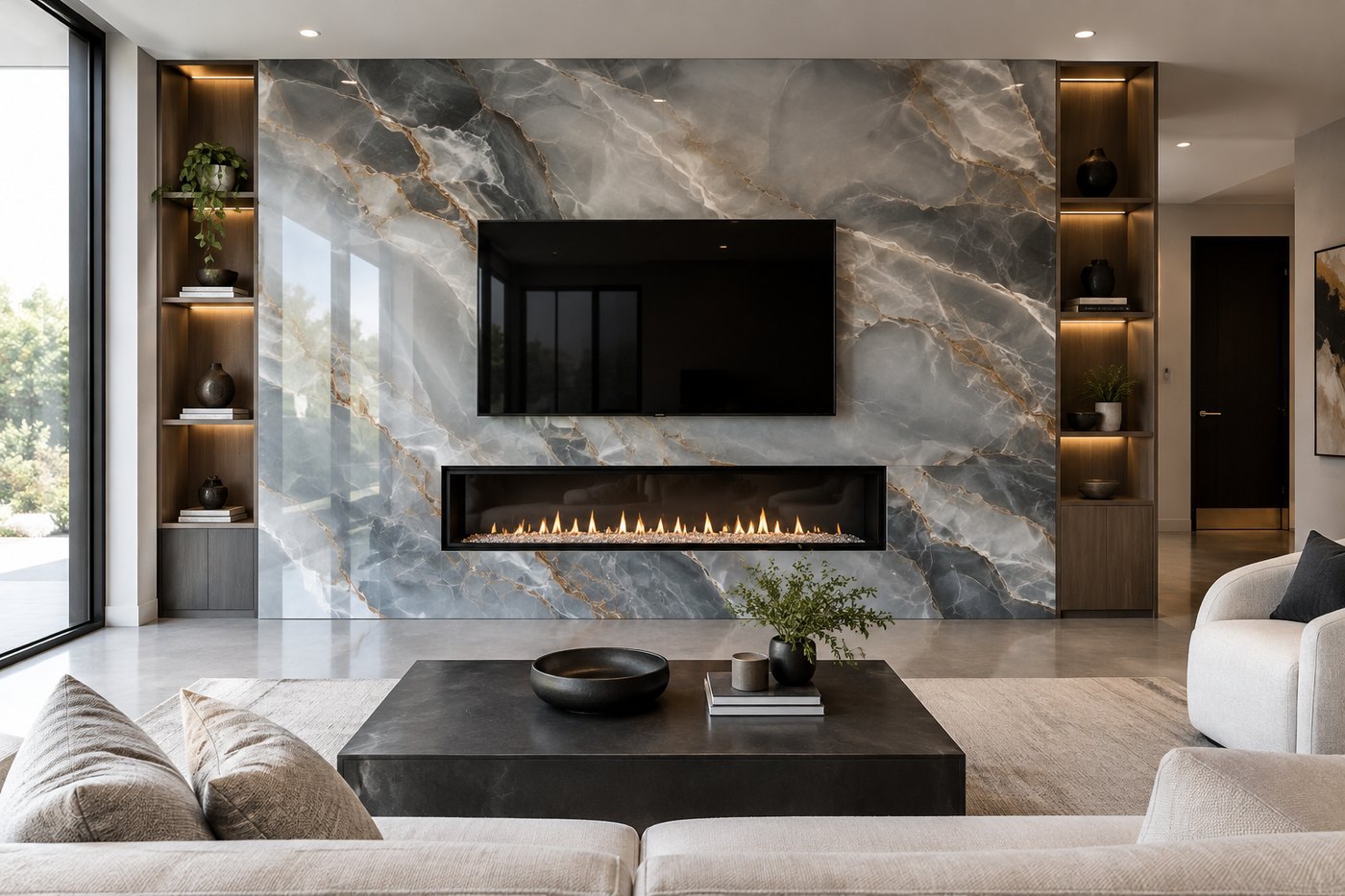 Porcelain fireplace and media wall