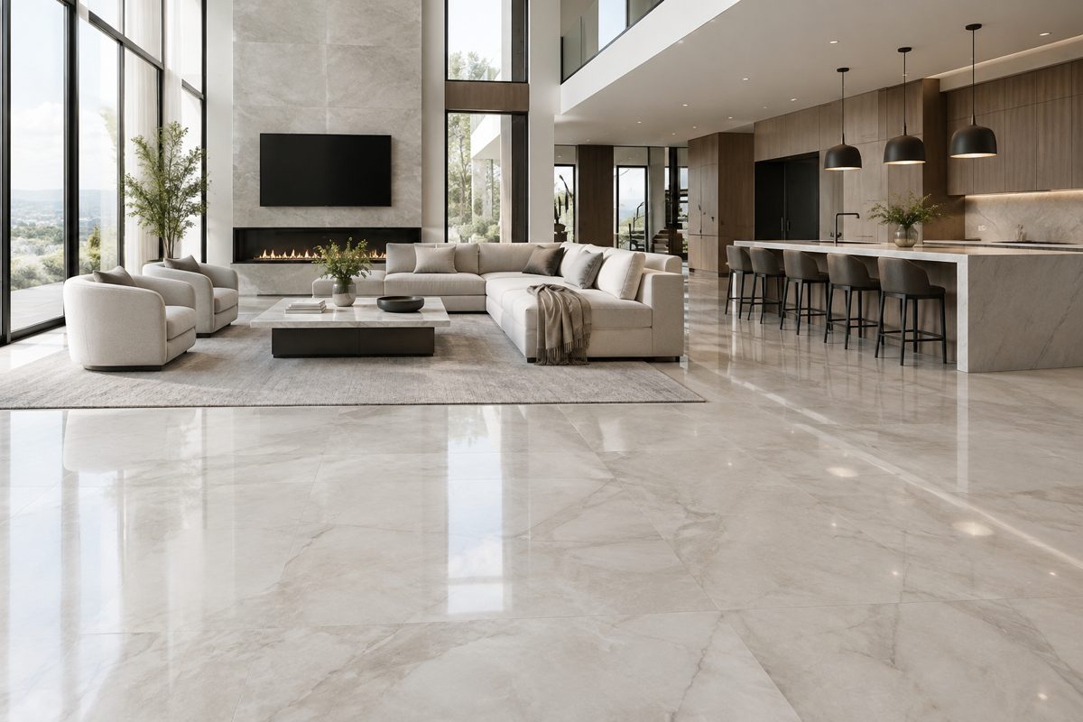 Large format porcelain floor running through an open living room and kitchen