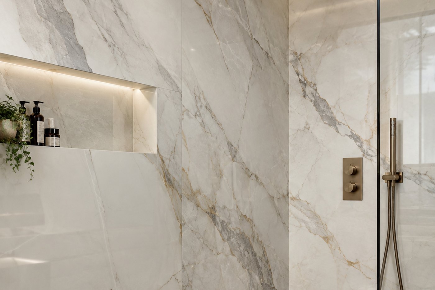 Porcelain shower with almost no grout lines