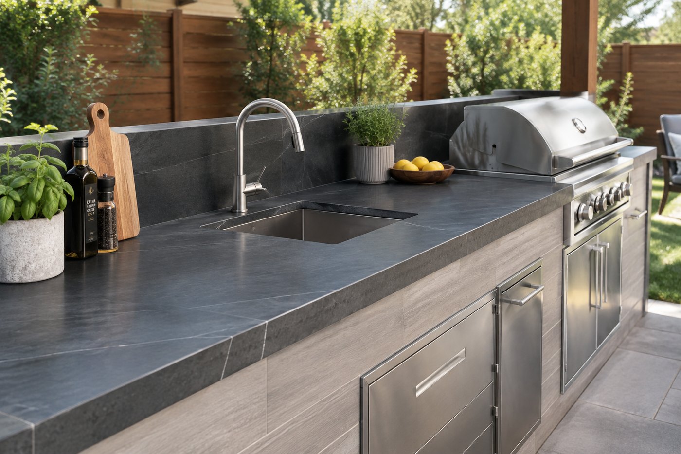 Outdoor porcelain kitchen counters in direct sun