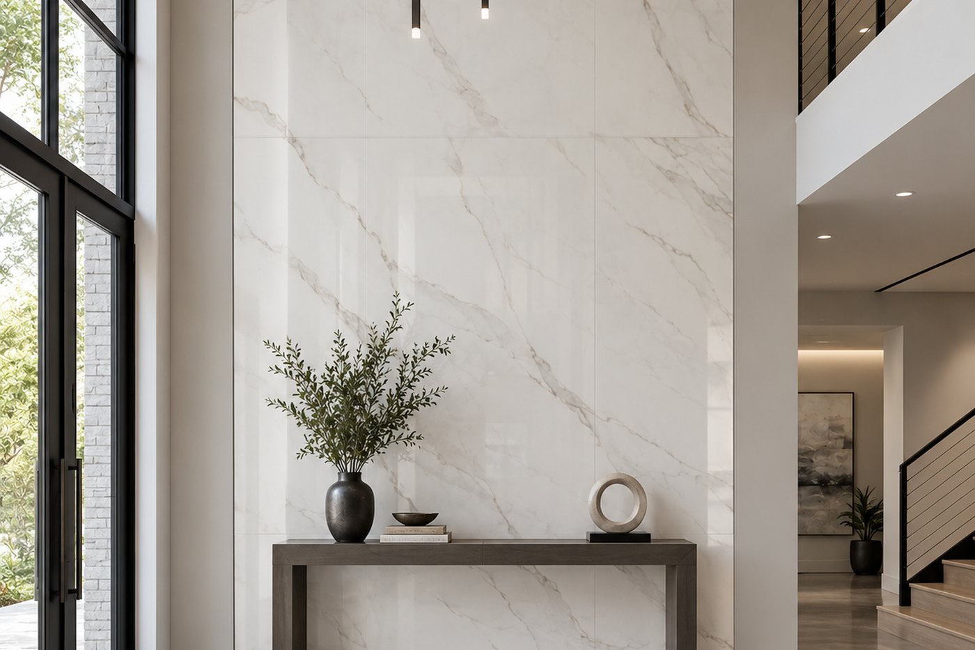 Large format porcelain wall cladding running floor to ceiling