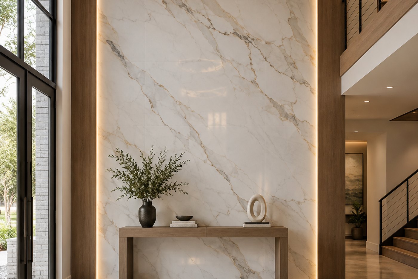 Full-height porcelain statement wall