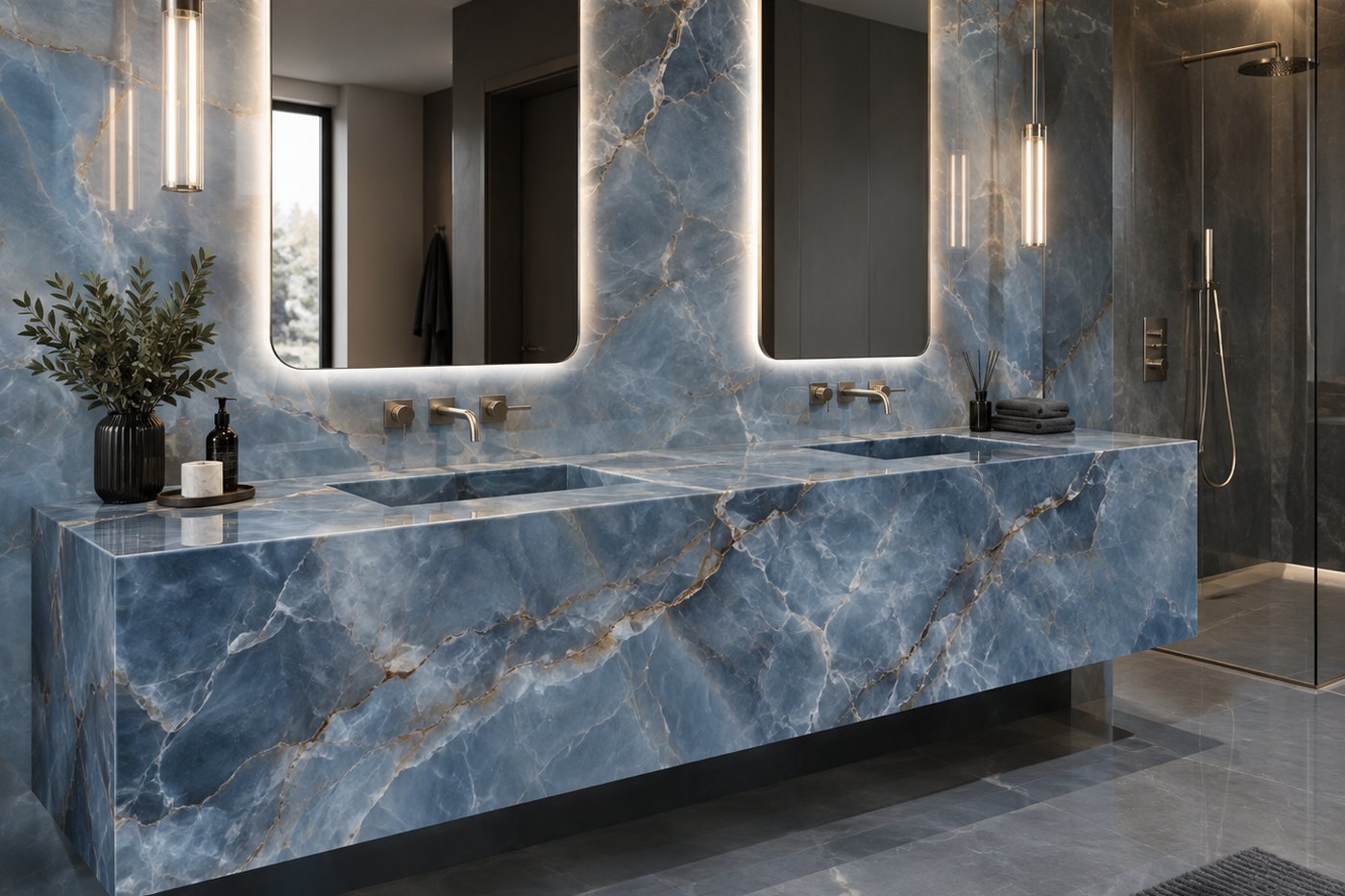 Book-matched porcelain vanity with dramatic veining