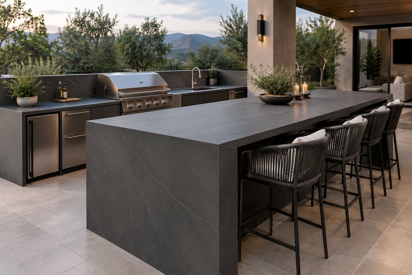 Outdoor kitchen with a large format porcelain waterfall island