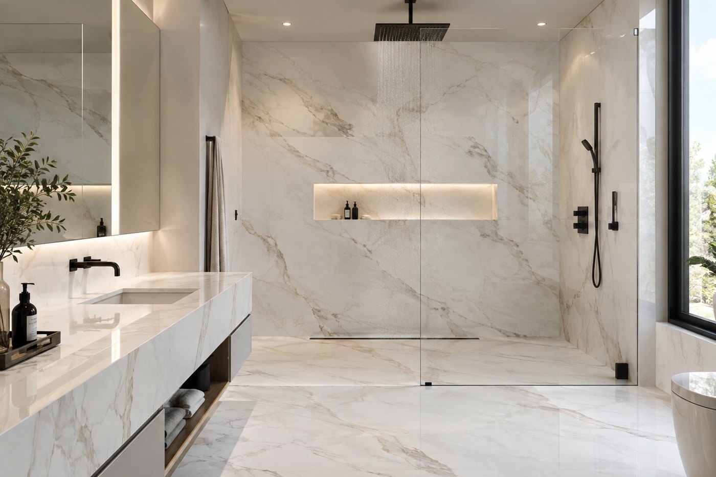 Porcelain shower with full-height walls and almost no grout lines