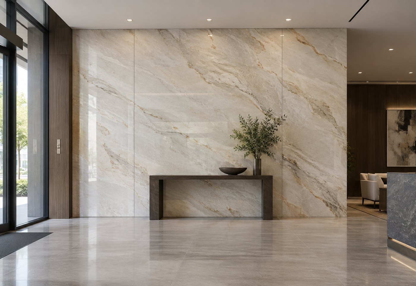Full-height porcelain statement wall in a lobby entry