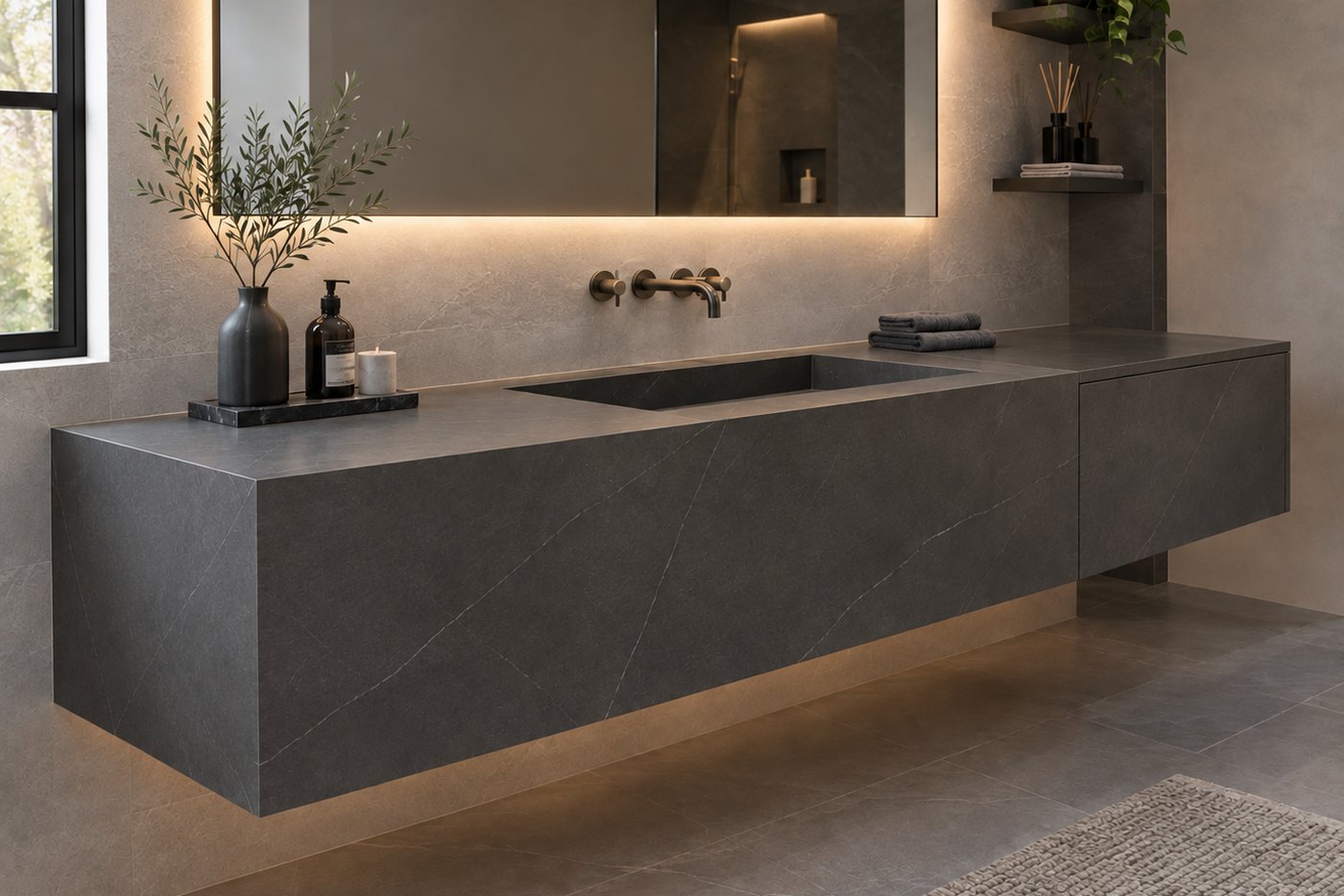 Floating porcelain vanity in a modern bathroom