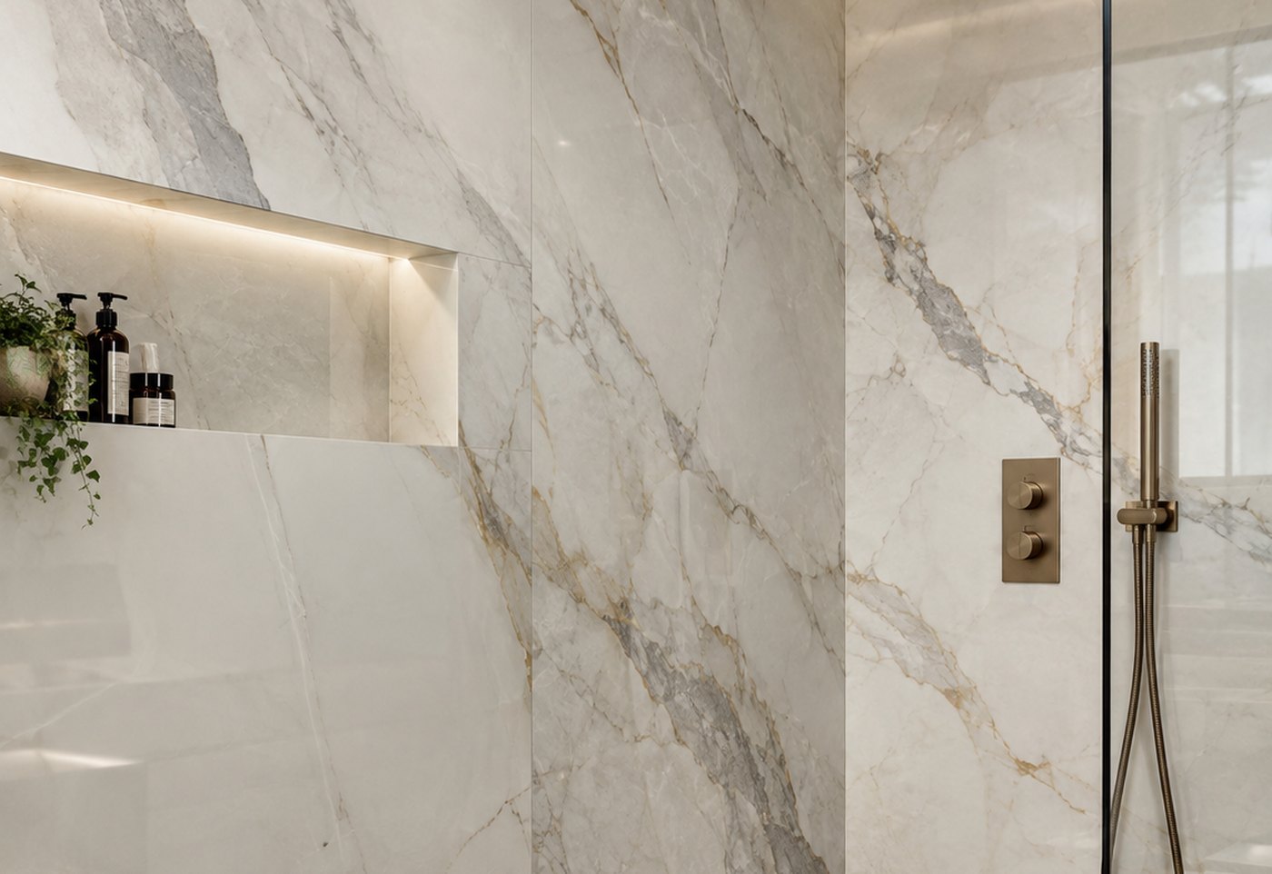 Porcelain shower wall with almost no grout lines