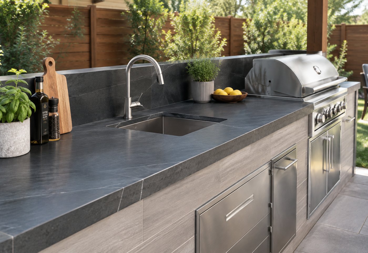 Outdoor kitchen with porcelain counters in direct sun