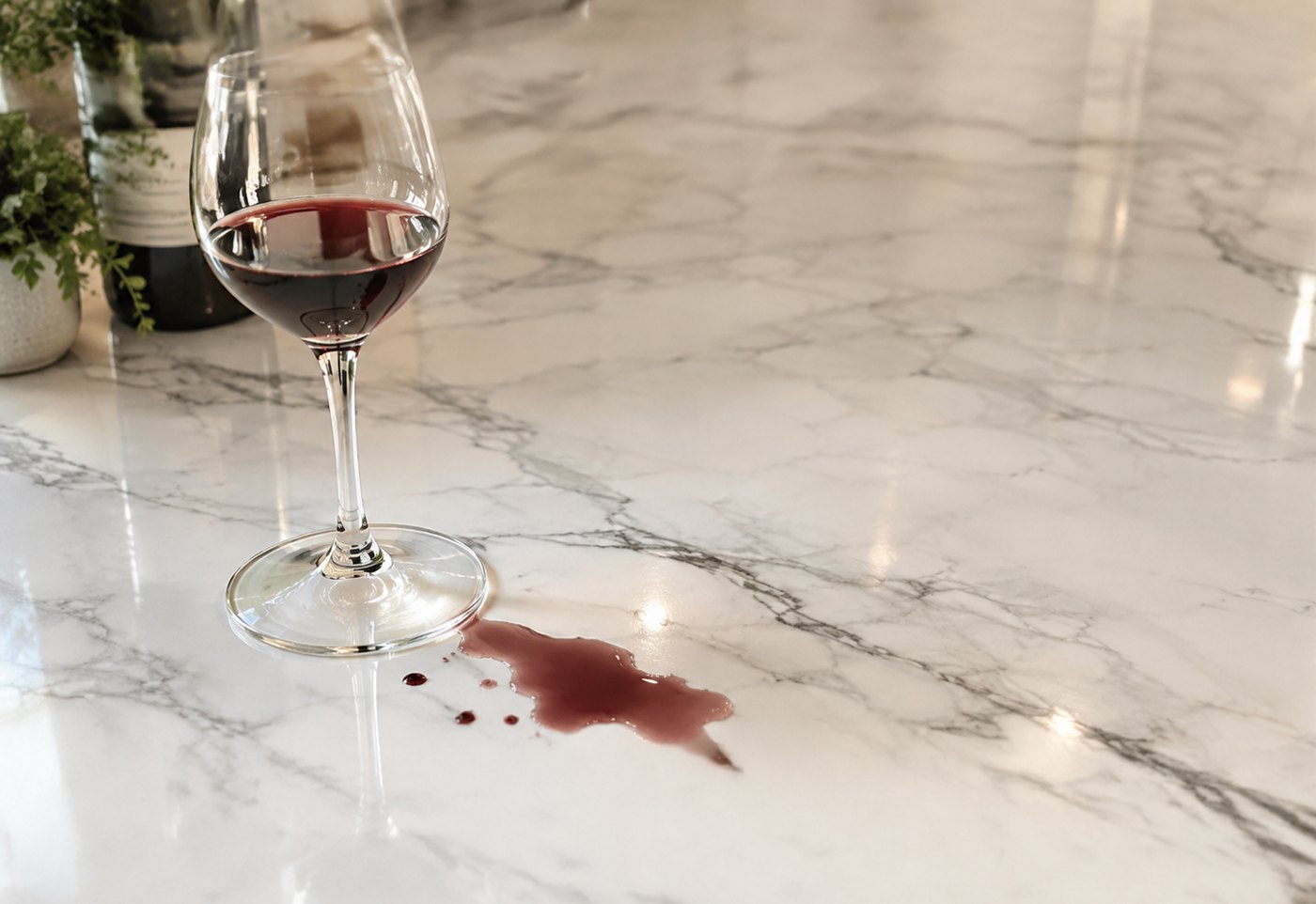 Red wine spilled on a porcelain countertop